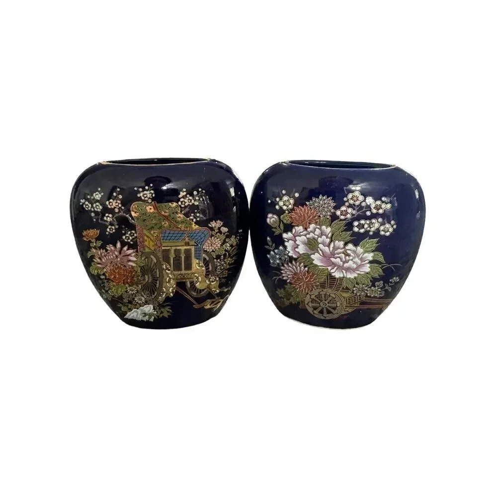 Vintage Kutani Cobalt Blue Vases (Set of Two) Enamel With Gold Accents - Picture 3 of 8